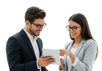 Two business professionals, a man and a woman, collaborating and discussing ideas while looking at a tablet, isolated on transparent background