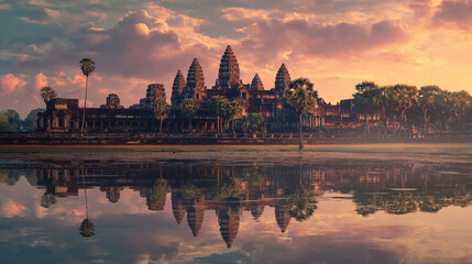 Fototapeta premium angkor wat, banner background with sunrise temple reflection, spiritual vibe
