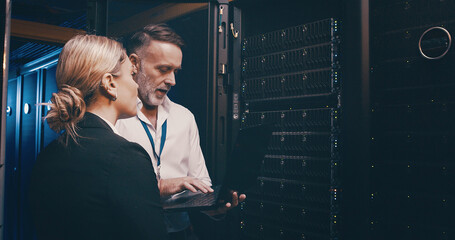 Collaboration, laptop and storage with people in server room together for network administration. Computer, cybersecurity and upgrade with tech support team in data center for firewall installation