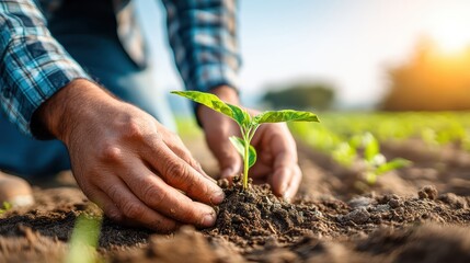 A person’s hands gently planting a young seedling in soil on a sunny day, symbolizing growth, nature, and care for the environment