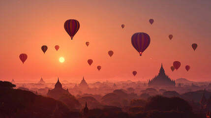 Fototapeta premium bagan temples myanmar, background with sunrise hot air balloons