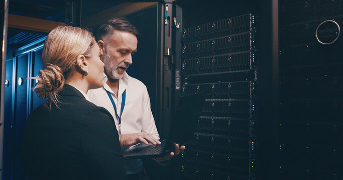 Collaboration, laptop and storage with people in server room together for network administration. Computer, cybersecurity and upgrade with tech support team in data center for firewall installation