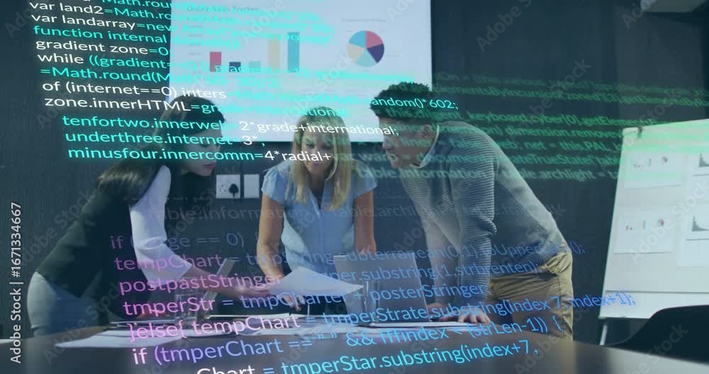 Poster three colleagues examining sales report at meeting while code overlay activating for data analysis