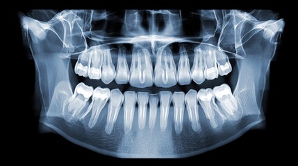 A panoramic dental X-ray showing a detailed view of teeth, jawbone, and sinus structure