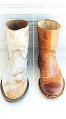 Old leather boot transformed through cleaning. Restoration process makes it look brand new.