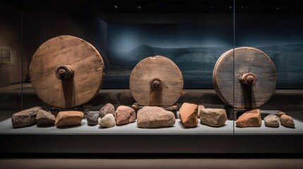 Ancient wooden wheels and assorted stones displayed in a museum exhibit, highlighting early transportation technology
