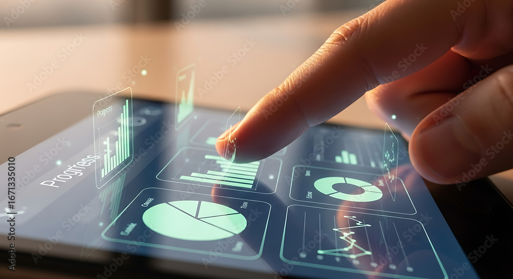 Poster finger touching digital tablet displaying data charts and progress information on the screen view