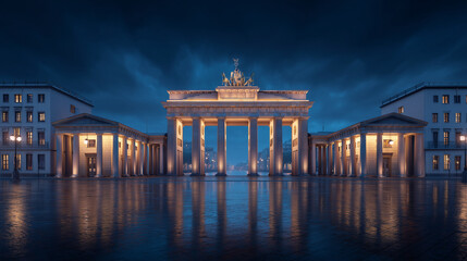 banner berlin brandenburg gate, 3D realistic banner background with night lights, historic feel,