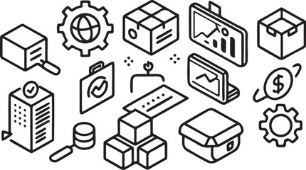 A vector set of hand-drawn sketches of various business and website icons like a house, computer, phone, and mail