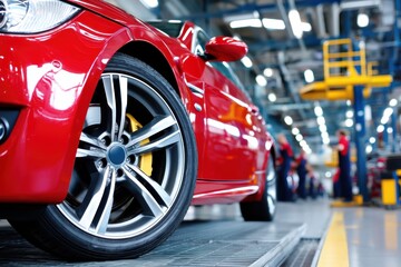 A close-up of a red sports car wheel inside a modern automotive workshop with technicians in the background