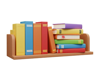 Isolated wooden bookshelf with colorful books, knowledge and learning, home decor