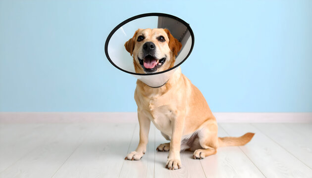 Golden Labrador Retriever Wearing an E-Collar on Light Wood Floor Against a Light Blue Wall
