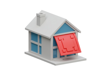 Isolated house render, modern architecture, gray walls and roof, red tile on window; property