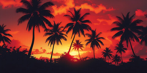 Silhouette of palm trees against a vibrant orange and red sunset sky with cloud formations visible