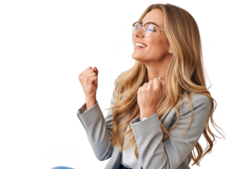 A happy businesswoman with glasses celebrates her success, fists clenched in triumph, isolated on transparent background