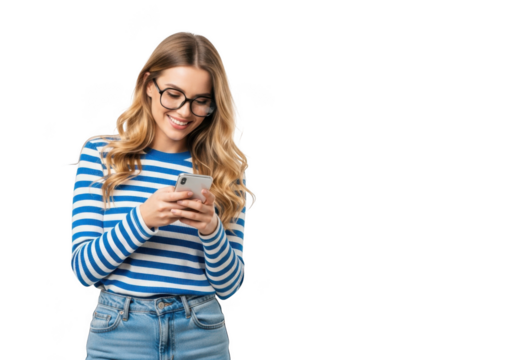 Young woman with glasses wearing a blue and white striped sweater and jeans, smiling while looking at her smartphone, isolated on transparent background