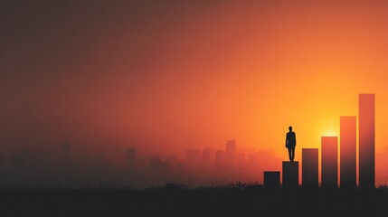 Businessman Silhouette on Bar Graph, Sunset Cityscape Background, Success Concept