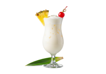 Pristine creamy Piña Colada in hurricane glass, garnished with pineapple, red cherry, green leaf, on seamless transparent background, studio lit, tropical beverage concept