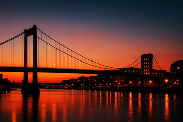 Obraz premium Suspension bridge over water at sunset with city lights river