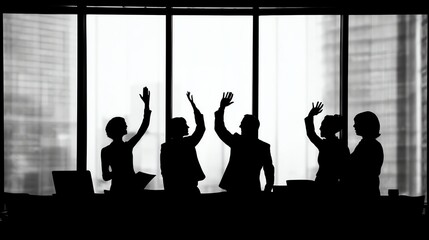 Business team celebrating success, high five silhouettes against office window, black and white photography