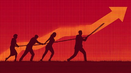 Business team collaboration, pulling upward arrow, red background, growth concept