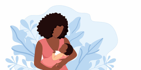 Loving black mother holding and breastfeeding her newborn baby surrounded by soft blue leaves