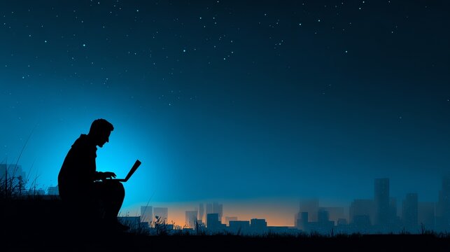 Man working on laptop at night, silhouette against city skyline and starry sky, digital art