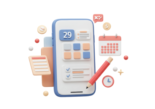 Isolated app interface elements showing calendar, notepad and icons, user interface mockup