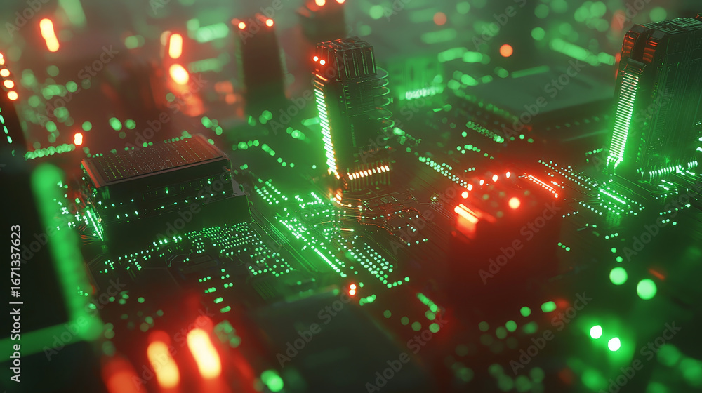 Poster vibrant microcircuit backdrop featuring holographic texture with glowing red and green lights, creat