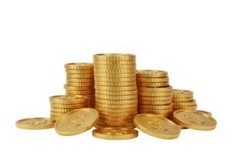 Isolated golden dollar coins stacked in a pile on the ground for commerce and finance