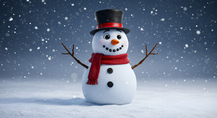 Fototapeta premium A cheerful snowman stands proudly in snowy winter landscape scene