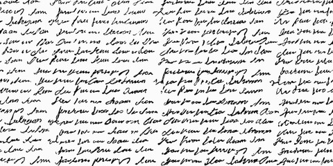 Seamless pattern of handwritten text in black ink on a white background conveying a vintage feel