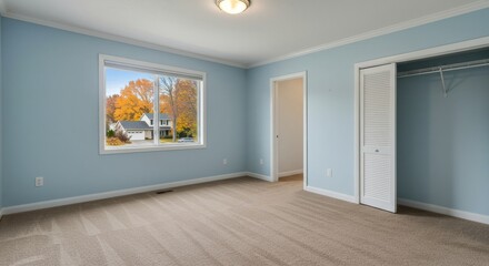 An empty room with light blue walls and a window.