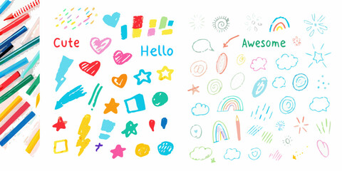 Collection of colorful hand drawn doodles and scribbles with text like cute and awesome