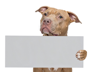 Brown pitbull holding a blank white sign between its paws, gazing upward with a curious, attentive expression.