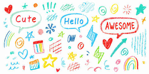 Collection of hand drawn colorful crayon doodles and speech bubbles with words cute hello awesome