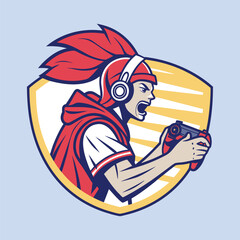 Epic Gamer Illustration: A stylized illustration depicts a focused gamer engrossed in a gaming session, helmet with integrated headphones, gripping a controller, and intense concentration