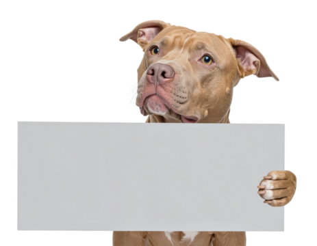Brown pitbull holding a blank white sign between its paws, gazing upward with a curious, attentive expression.
