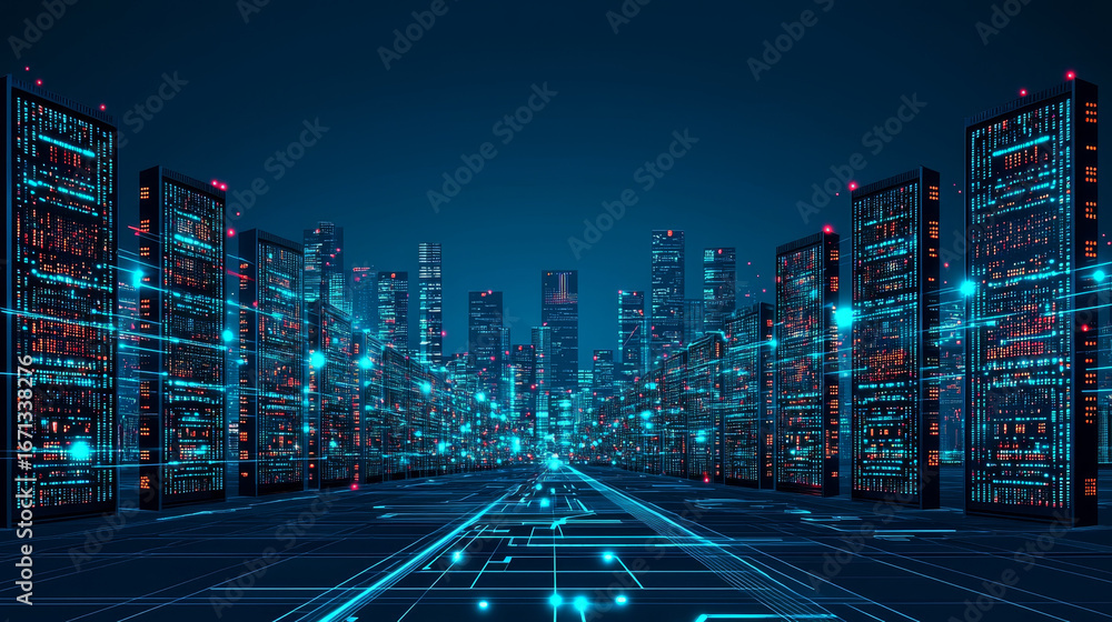 Poster futuristic digital cityscape featuring towering data pillars illuminated with vibrant blue and red l
