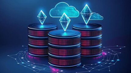 Digital data storage systems feature three cylindrical data pillars with glowing blue cloud icons and geometric shapes above them, symbolizing advanced technology and cloud computing