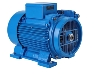 Blue industrial electric motor with cooling fins, front fan grille, mounting base and exposed output shaft.