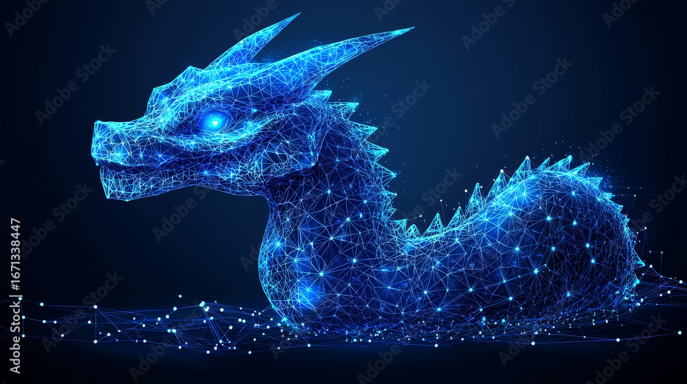 Aufkleber digital dragon created with translucent network of blue lines and glowing elements, symbolizing tech