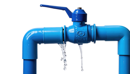 Blue industrial water pipe and valve leaking droplets of water against a black background.