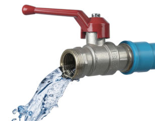 Metal ball valve with red lever attached to a blue pipe, releasing a steady stream of clear water.