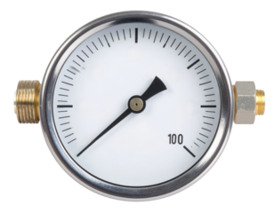 Round analog pressure gauge with white dial, black pointer, chrome bezel and brass threaded fittings, marked to 100 for mechanical pressure measurement.