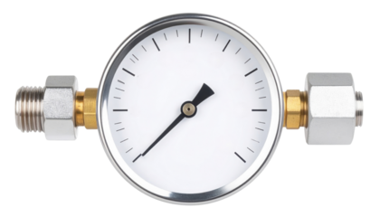 Circular analog pressure gauge with white dial, black needle and markings, fitted with metal threaded connectors on both sides.