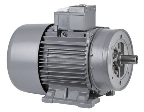 Industrial electric motor with cooling fins, mounting base, terminal box and exposed output shaft.