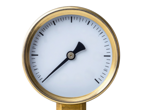 Round brass-cased analog gauge with a single black needle and an unnumbered white dial marked with fine tick graduations.