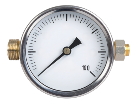 Round analog pressure gauge with white dial, black pointer, chrome bezel and brass threaded fittings, marked to 100 for mechanical pressure measurement.