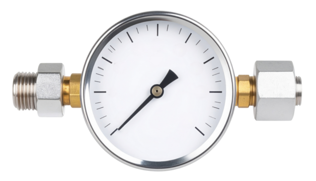 Circular analog pressure gauge with white dial, black needle and markings, fitted with metal threaded connectors on both sides.